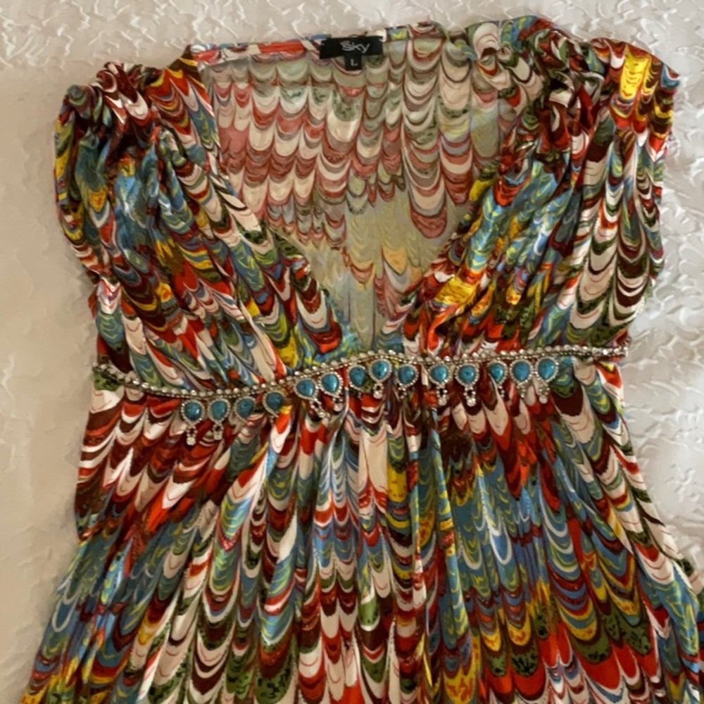 SKY multi colored top turquoise jewel band large silk absolutely stunning shirt - Picture 2 of 7